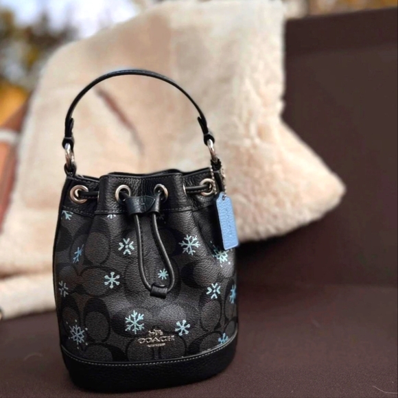 Coach Dempsey Drawstring Bucket Bag 15 In Signature Canvas With Snowflake Print - Picture 1 of 2
